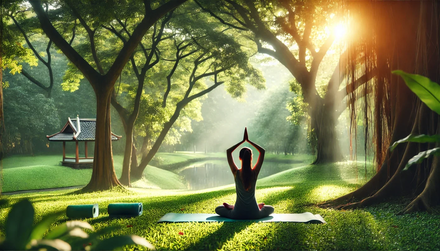 A woman practicing gentle yoga in a serene outdoor setting, surrounded by lush greenery and soft morning sunlight. The tranquil atmosphere highlights the benefits of yoga for immune system balance, stress reduction, and overall wellness.