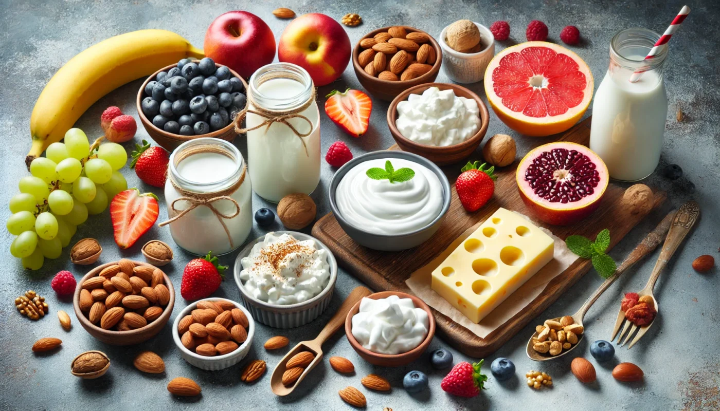 A visually appealing spread of different types of yogurt, including Greek yogurt and cottage cheese, alongside fresh fruits and nuts, illustrating choices for an anti-inflammatory diet.