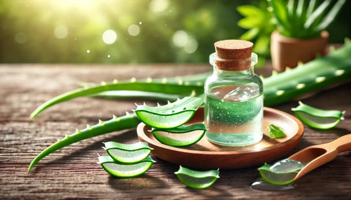 A close-up of fresh aloe vera leaves with clear gel being extracted, placed on a natural wooden surface. The background features soft sunlight and blurred greenery, highlighting the healing properties of aloe vera for sunburn relief.
