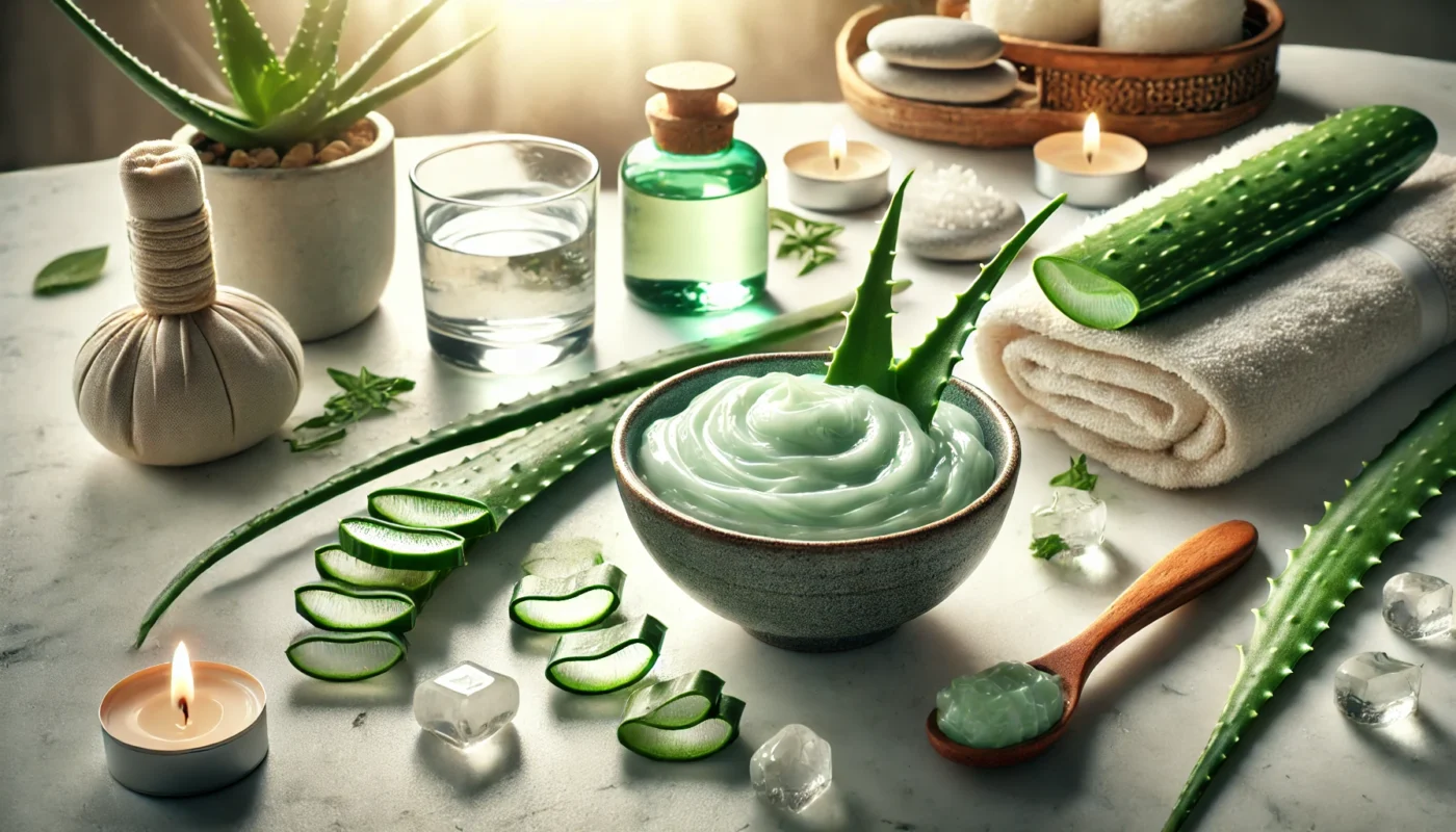 A luxurious spa setup with a bowl of freshly blended aloe vera gel, surrounded by aloe vera leaves, cucumber slices, and a glass of water on a marble countertop. Warm, soft light adds a calming and therapeutic ambiance.