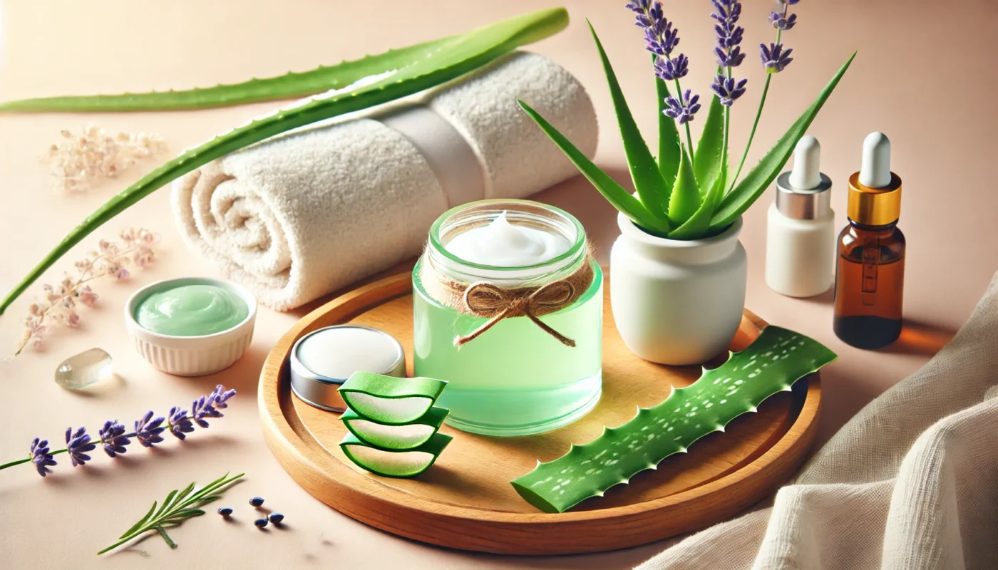 A minimalist natural skincare display showing aloe vera gel in a glass jar, aloe vera leaves, white towels, and fresh lavender on a wooden tray. A pastel background with warm sunlight enhances the soothing vibe.