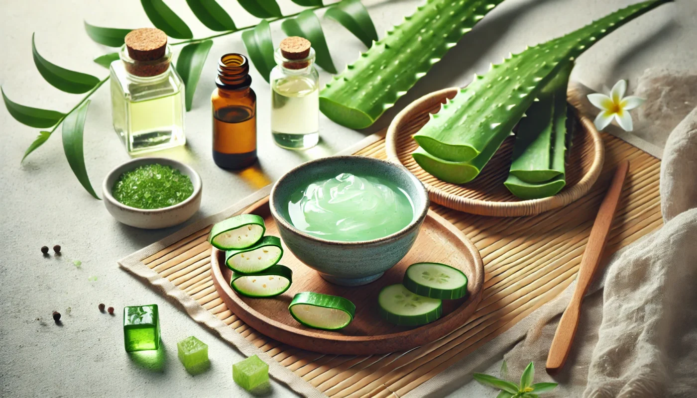 An artistic flat-lay arrangement of aloe vera leaves, a bowl of aloe vera gel, cucumber slices, and essential oils on a bamboo mat. Soft natural lighting and greenery in the background evoke a fresh and clean aesthetic.