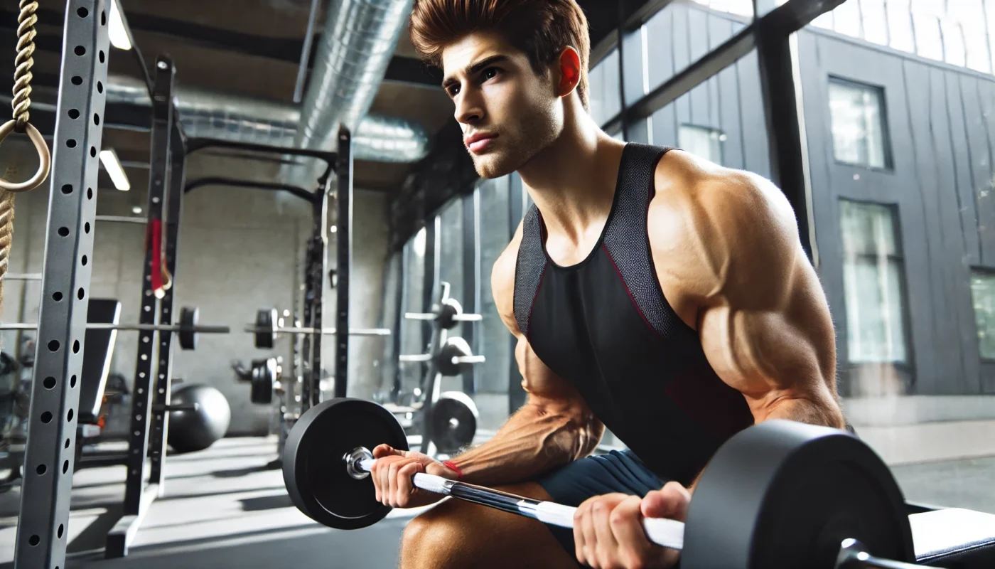 A professional athlete performing resistance training in a well-equipped gym, emphasizing the role of strength training in blood sugar management.