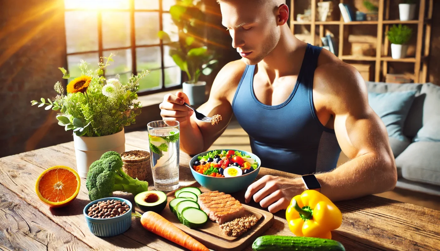 An athlete enjoying a balanced meal with whole foods, including lean protein, vegetables, and whole grains, highlighting the importance of nutrition in A1C control.