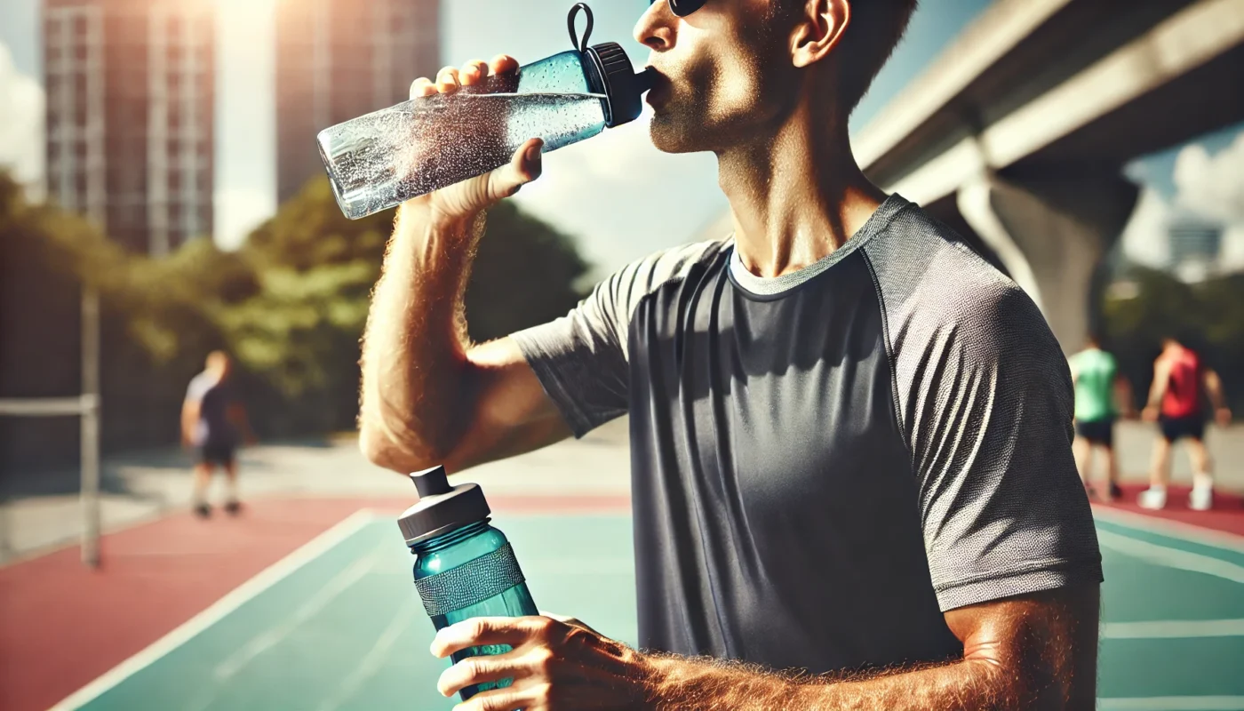 An athlete drinking water from a sports bottle after an intense workout, highlighting the importance of hydration in A1C management and blood sugar control.