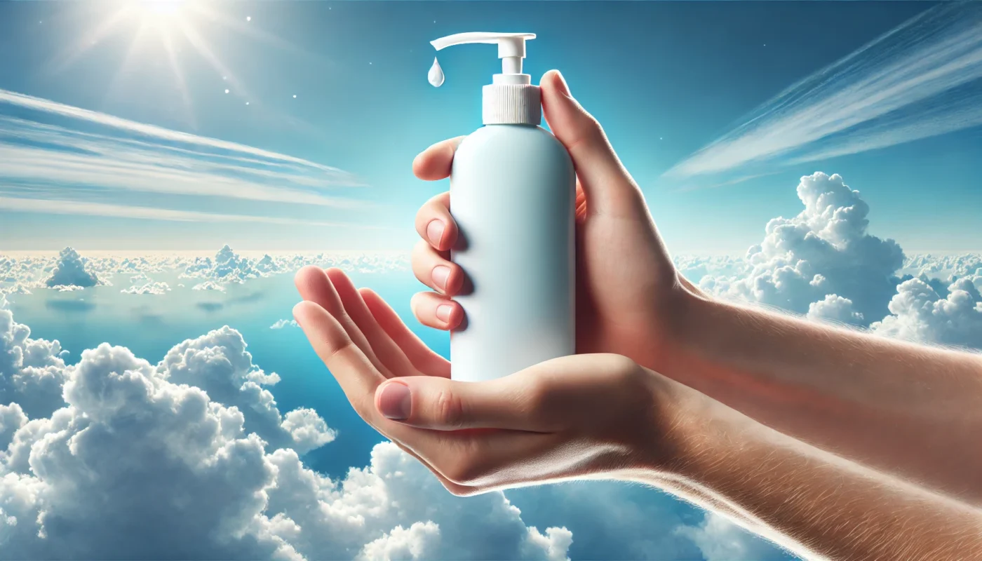 A hand holding a sunscreen bottle with a pump dispenser against a clear blue sky and soft clouds, emphasizing SPF face protection for outdoor skincare.