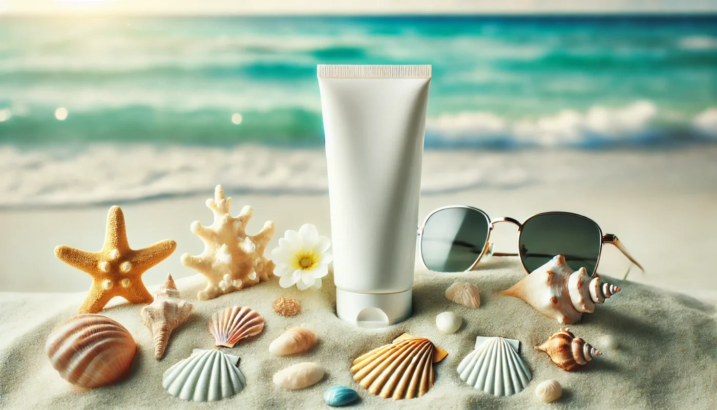 A sunscreen tube placed on a white sandy beach, surrounded by seashells and sunglasses, with a blurred ocean and sunny sky in the background, representing SPF protection during outdoor activities.