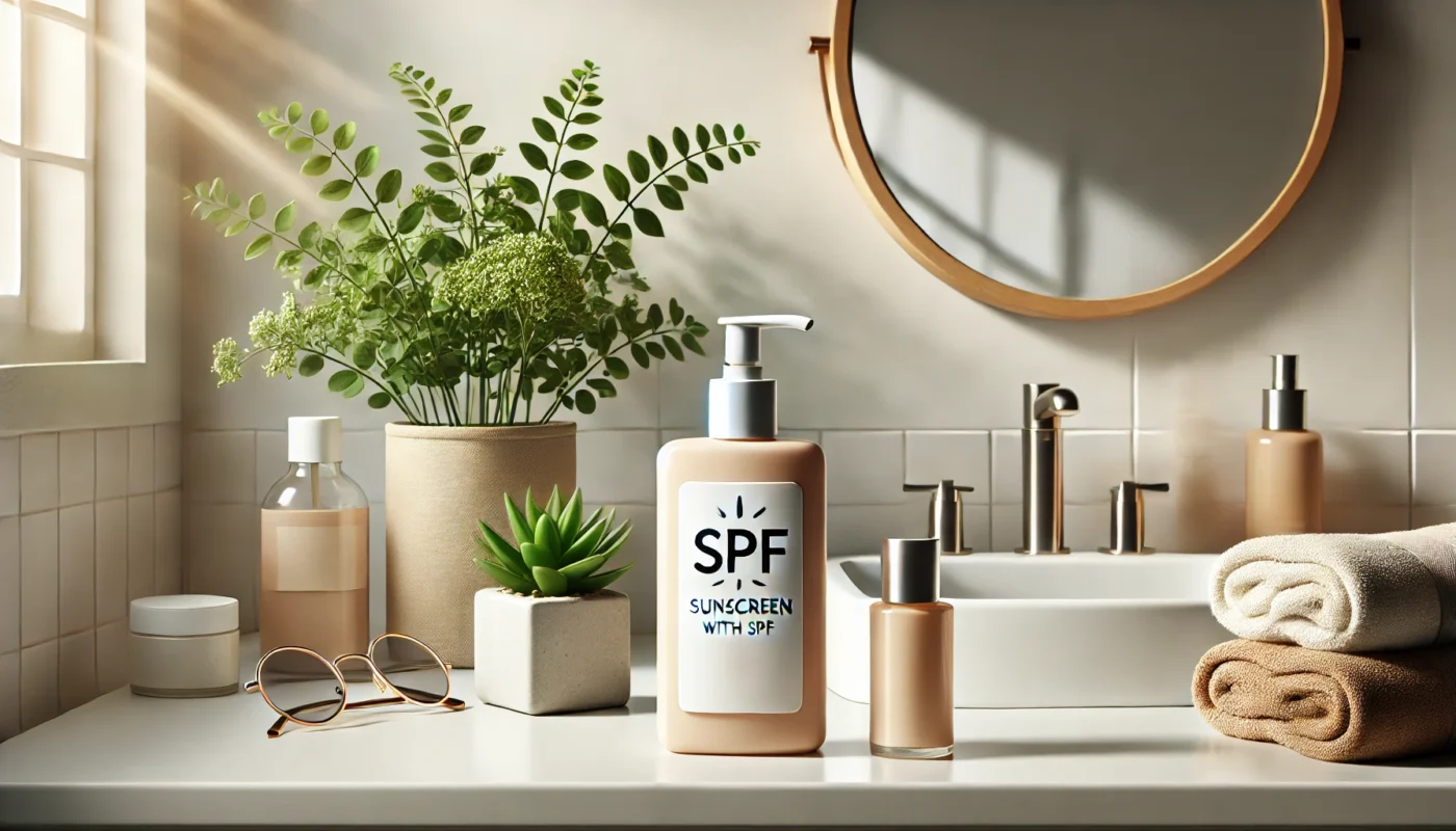 A modern bathroom counter setup featuring a sunscreen bottle next to a small mirror and a green plant, illuminated by natural light, highlighting daily SPF face skincare.