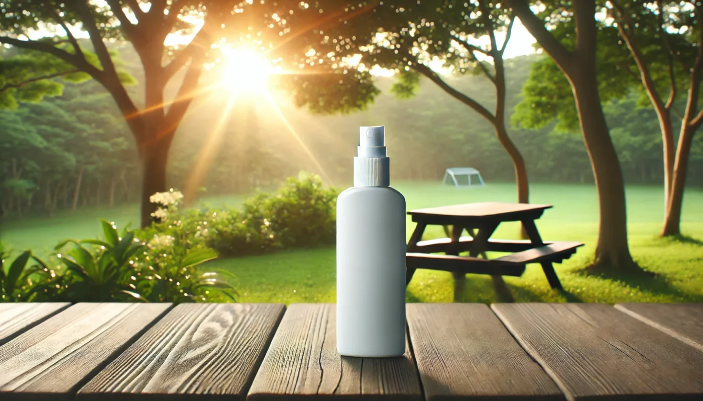 A sunscreen bottle standing upright on a wooden picnic table with a green forest and soft sunlight in the background, showcasing SPF protection in natural outdoor settings.