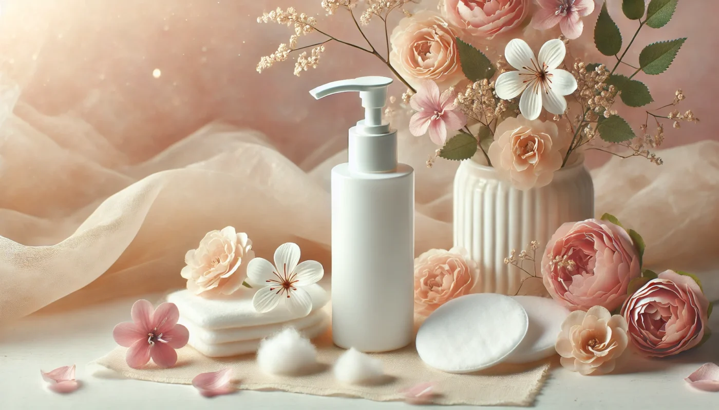 A gentle composition featuring a sunscreen bottle with a pump dispenser surrounded by cotton pads and delicate flowers on a white surface, with pastel tones in the background, symbolizing care for sensitive skin.