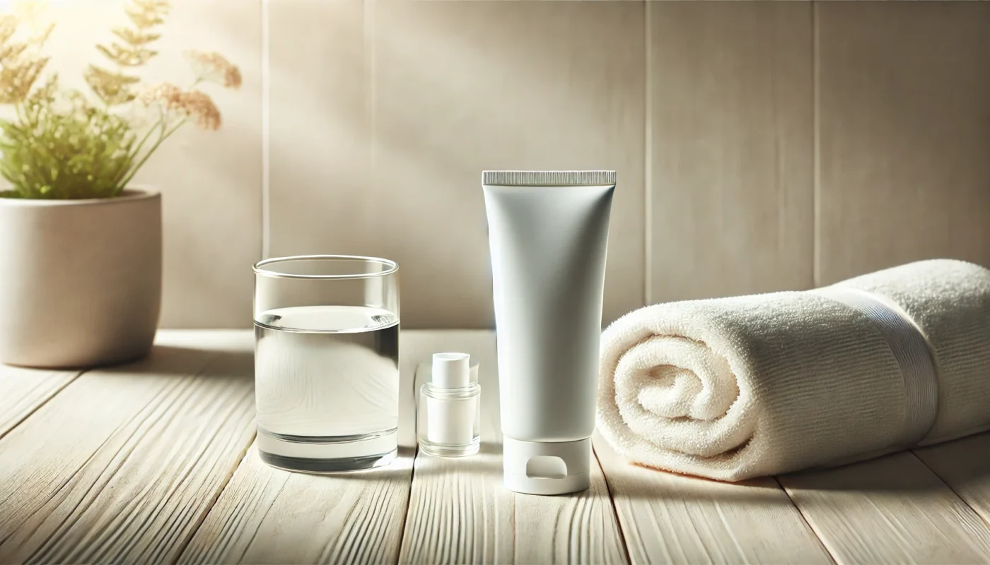 A serene setting with a sunscreen tube placed beside a glass of water and a white towel on a light wooden surface, illuminated by soft natural lighting, emphasizing hydration and gentle skincare for cancer patients.