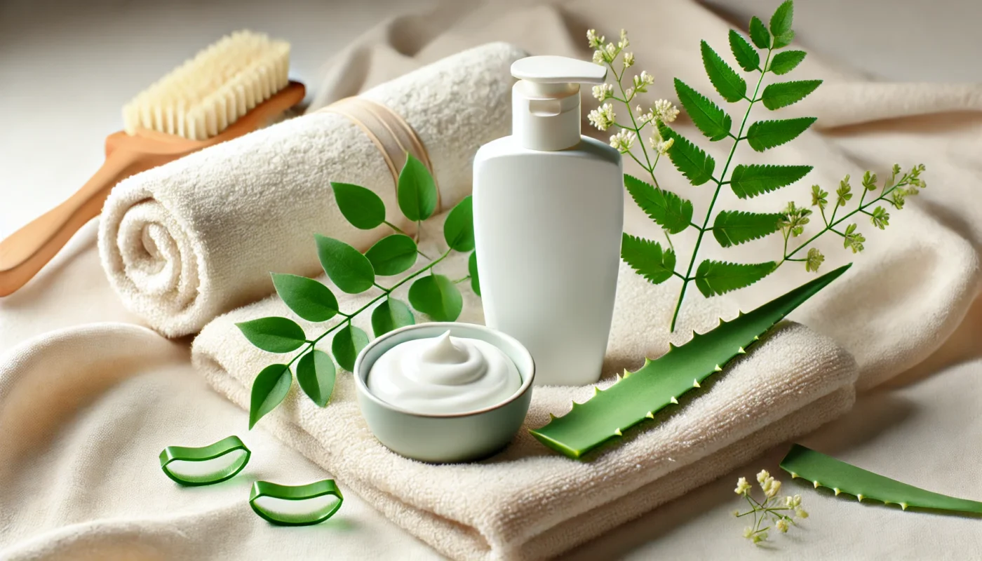 A comforting scene showing a sunscreen bottle placed on a plush white towel, surrounded by green leaves and a small bowl of soothing aloe vera gel, ideal for sensitive and healing skin.