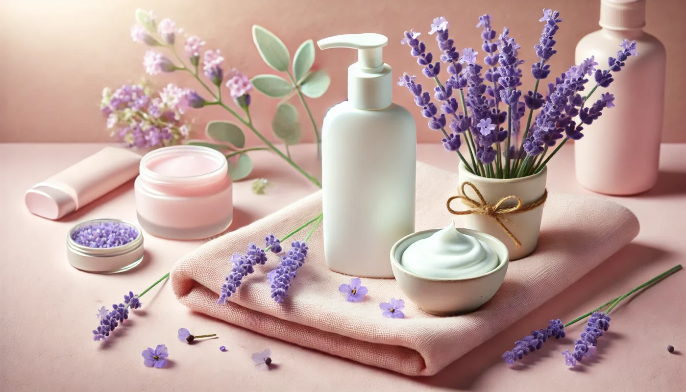 A delicate composition featuring a sunscreen bottle placed on a light pink towel, surrounded by lavender flowers and a small bowl of moisturizing cream, with soft pastel colors and natural light in the background, symbolizing gentle and protective skincare for sensitive skin.