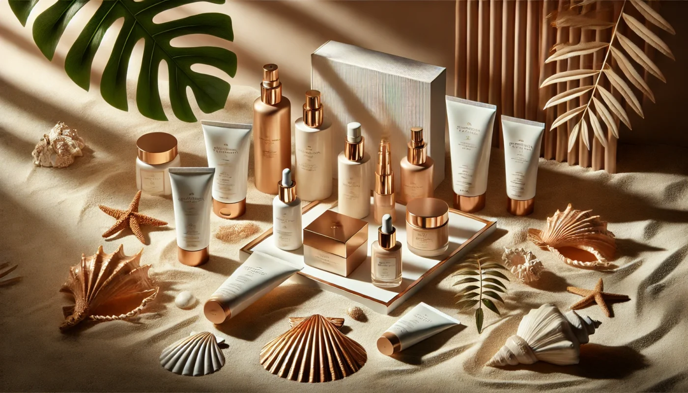 A luxurious flat-lay composition of premium sunscreens for face and body, displayed on soft sand with seashells and tropical leaves. Elegant, minimalistic packaging reflects high-end skincare, illuminated by natural sunlight.