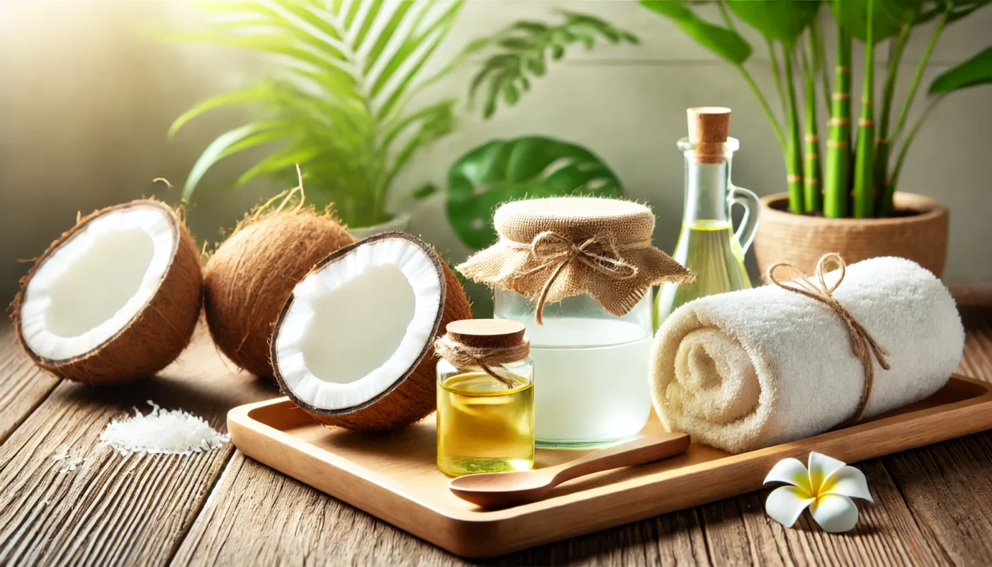 A serene spa-like setting featuring a glass jar of coconut oil with a wooden spoon, fresh coconut halves, and a soft towel on a natural wooden tray. The background includes green plants and soft sunlight, representing natural sunburn relief remedies.