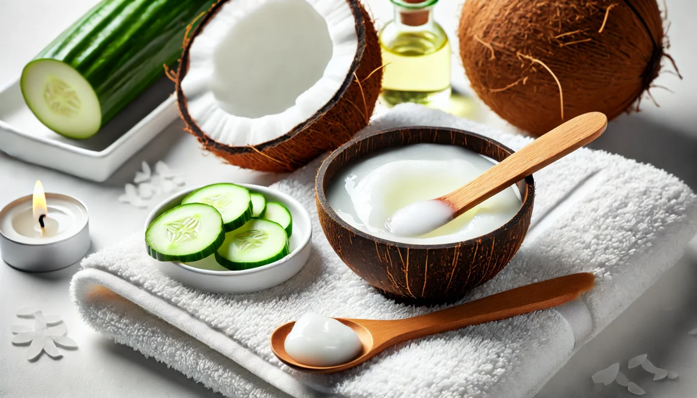 A close-up of a bowl of coconut oil with a wooden applicator on a white towel. Fresh coconut halves and slices of cucumber nearby create a calming atmosphere, highlighting coconut oil's soothing properties for skincare and sunburn relief.