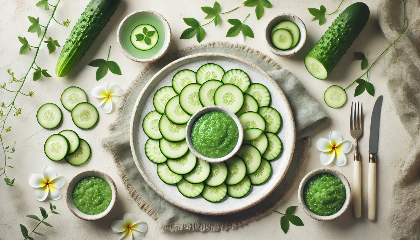 Fresh cucumber slices arranged in a circular pattern on a white ceramic plate, with small bowls of cucumber water and crushed cucumber paste, set against a neutral backdrop with subtle greenery.