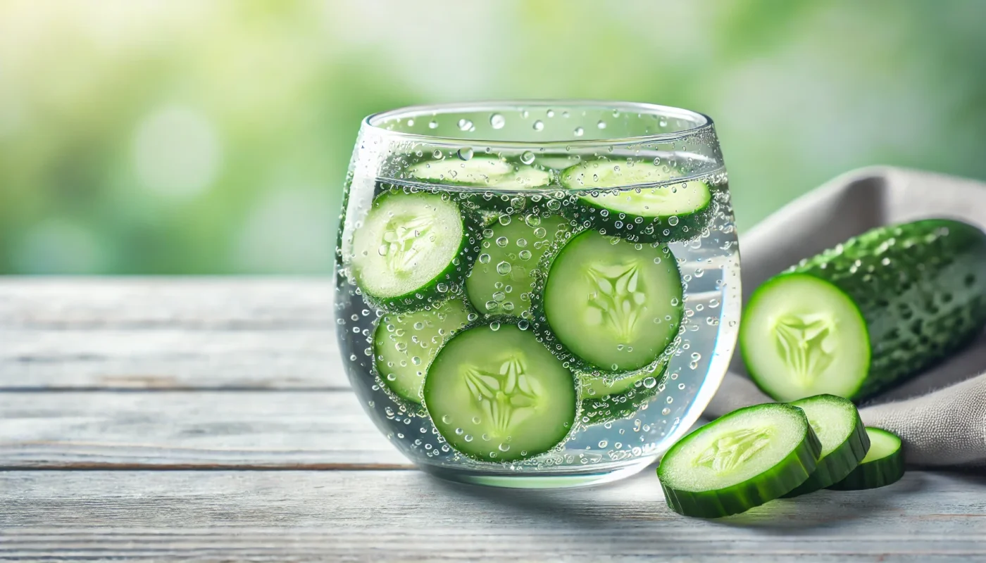 Close-up of cucumber slices submerged in a glass bowl of clear water with droplets on the glass, placed on a light wooden surface with a soft green background, highlighting hydration and soothing properties.