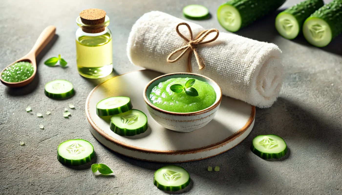 A spa-inspired scene featuring a small bowl of cucumber puree surrounded by cucumber slices and a rolled white towel on a natural stone surface with soft sunlight filtering through.