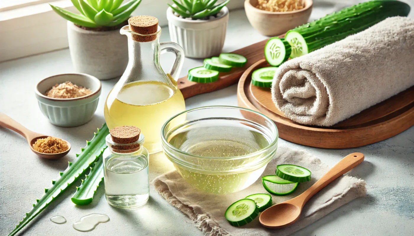 A bright kitchen scene featuring a bowl of diluted apple cider vinegar, a small jug of water, aloe vera leaves, and slices of cucumber on a countertop. A soft towel adds to the soothing atmosphere, emphasizing skin care and sunburn remedies.