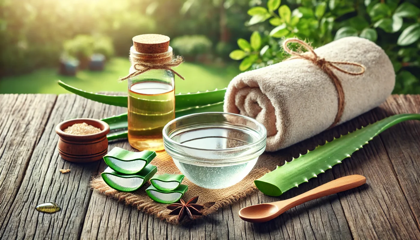 An outdoor spa setup with a glass bowl of diluted apple cider vinegar, fresh aloe vera leaves, and a rolled-up towel on a wooden surface. The background showcases greenery and soft sunlight, symbolizing natural and relaxing sunburn relief methods.