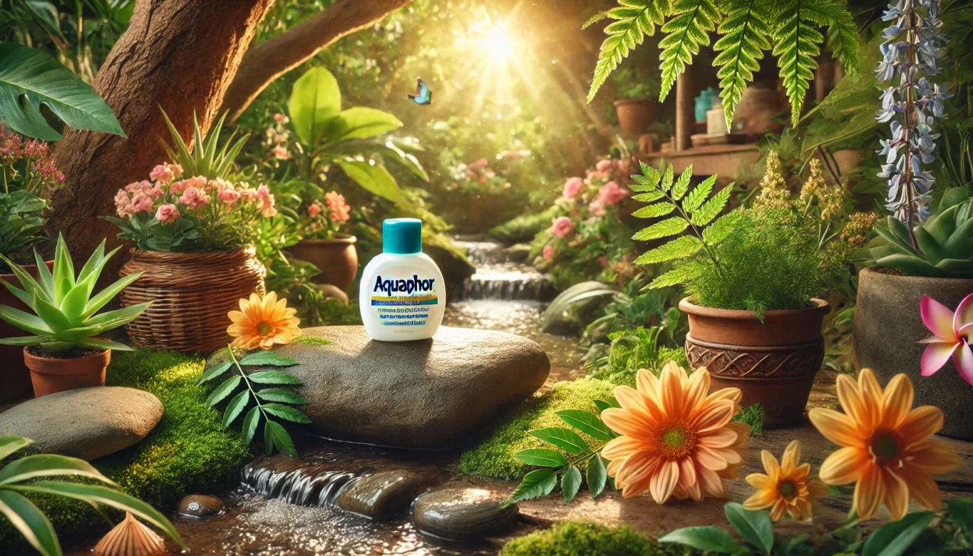 A lush garden setting with a bottle of Aquaphor resting on a smooth stone surrounded by vibrant flowers, fresh greenery, and a small flowing stream, with sunlight filtering through trees, representing natural healing and relaxation.