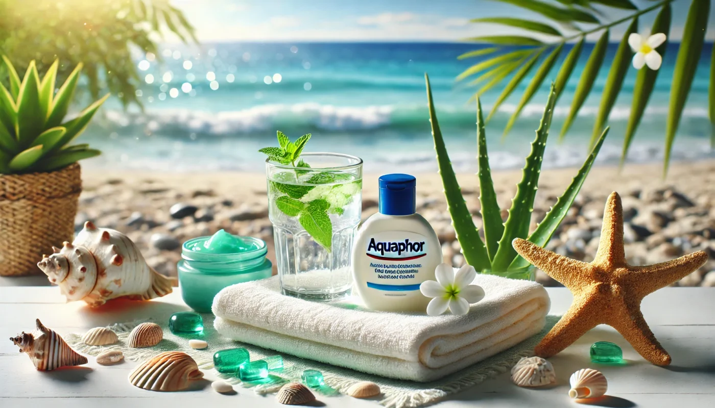 A tranquil beach scene featuring a bottle of Aquaphor on a soft white towel, surrounded by aloe vera gel, seashells, and a refreshing glass of mint water, with gentle ocean waves and golden sunlight in the background, evoking a sense of calm and rejuvenation.