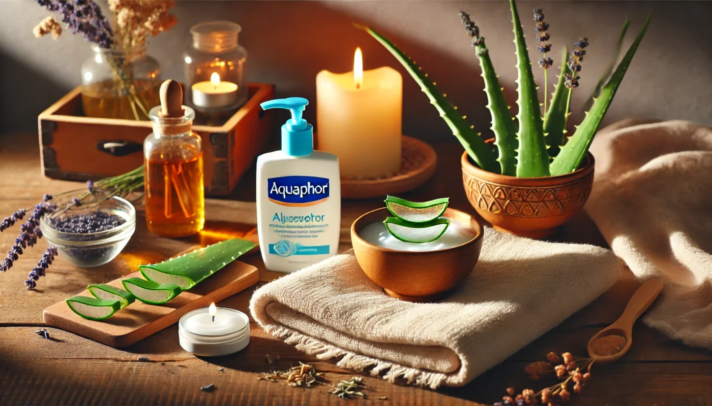 A cozy indoor environment with a bottle of Aquaphor on a soft towel next to freshly cut aloe vera, a lit candle, herbal tea, and lavender, creating a warm and soothing atmosphere for sunburn care.