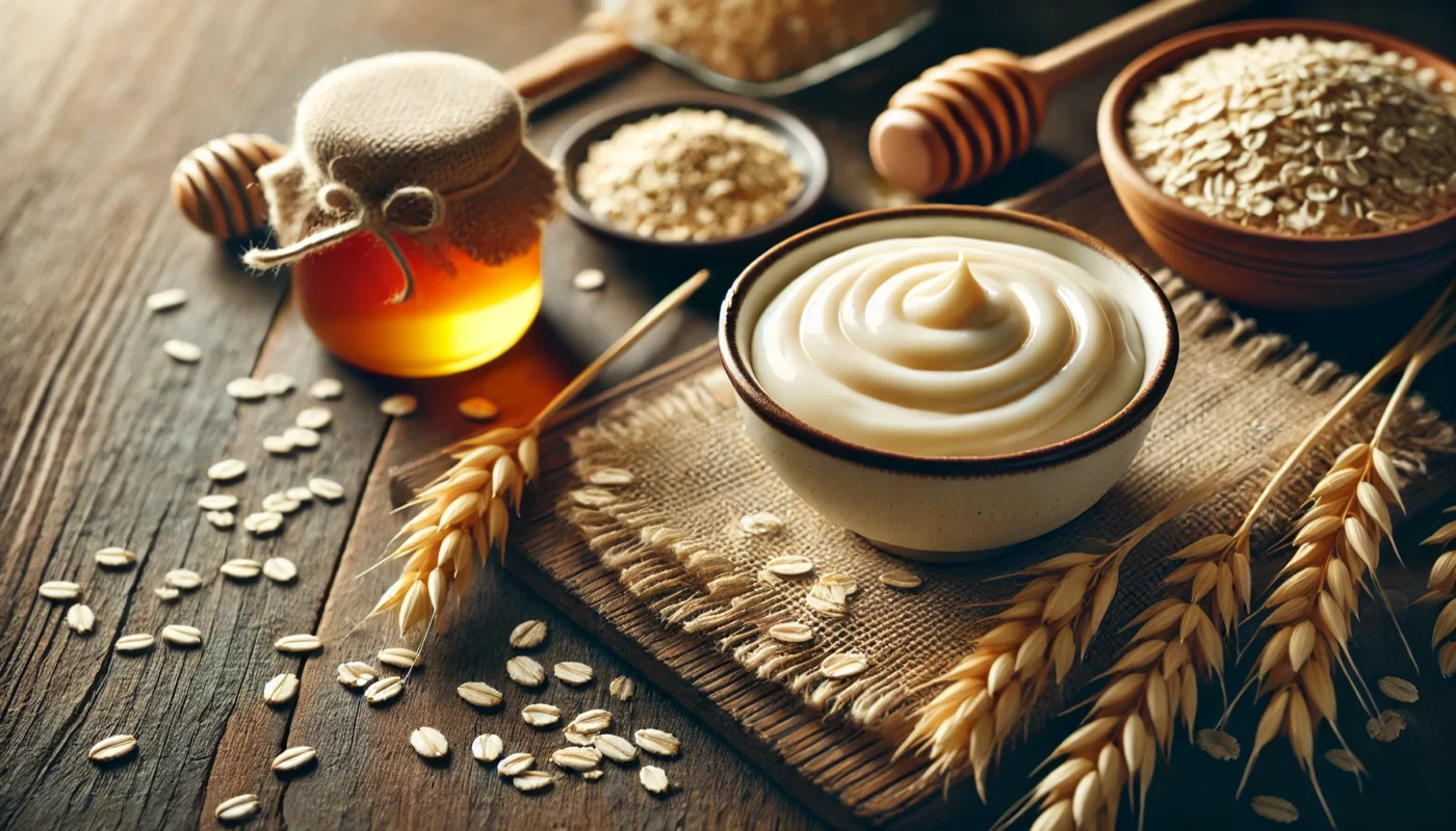 A close-up view of a bowl filled with creamy oatmeal on a rustic wooden table, surrounded by raw oats and a jar of honey, symbolizing natural remedies for soothing sunburn.