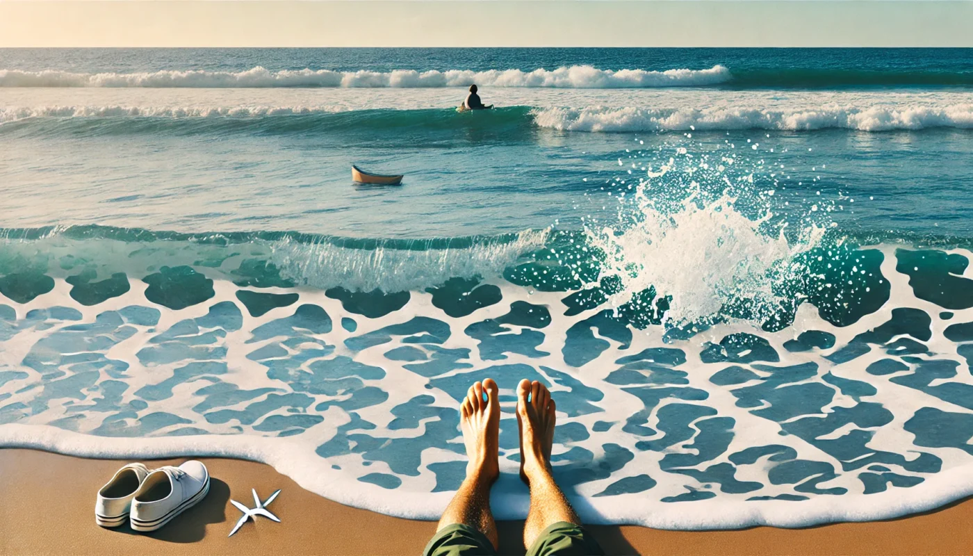 A person sitting on the beach with sunburned legs, as ocean waves wash over their feet, symbolizing the soothing yet potentially irritating effects of salt water on sunburn.