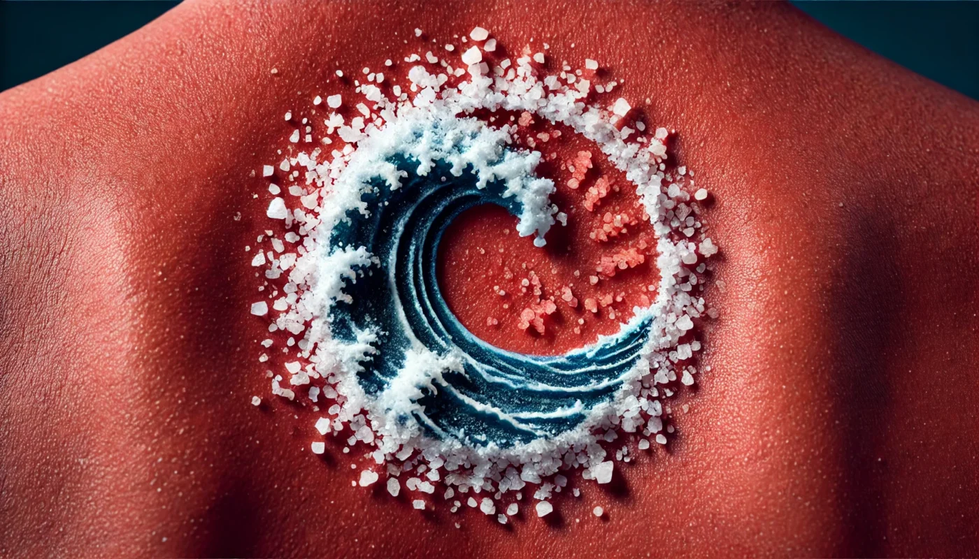 A close-up of red, sunburned skin with ocean salt crystals forming on the surface, symbolizing the drying effect of salt water on sunburn.