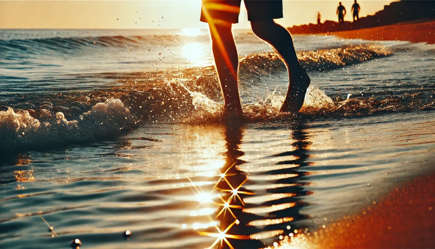 A person stepping out of the ocean with sunburned skin, as sunlight reflects off the water droplets on their body, highlighting both the refreshing and irritating effects of salt water on sunburn.