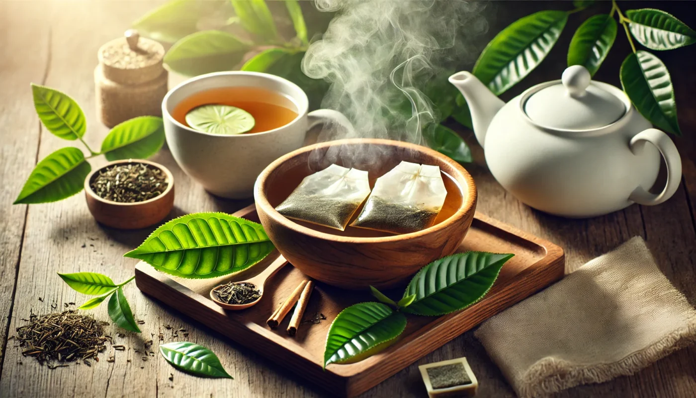 A calming spa scene with a wooden tray holding used tea bags soaking in a bowl of warm water, surrounded by fresh green tea leaves and a steaming cup of herbal tea. Soft natural light enhances the soothing and healing ambiance for sunburn relief.