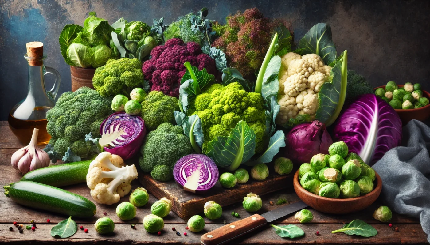 A colorful display of fresh cruciferous vegetables, including broccoli, cauliflower, and Brussels sprouts, rich in nutrients for endocrine health.