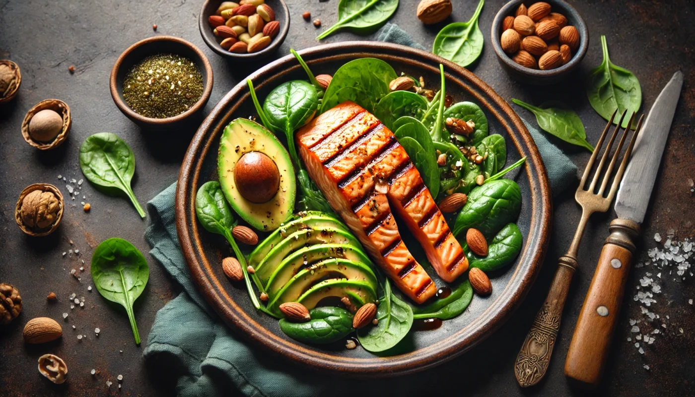 A nutritious plate featuring grilled salmon, avocado, and leafy greens, packed with omega-3s and essential nutrients for hormonal balance.