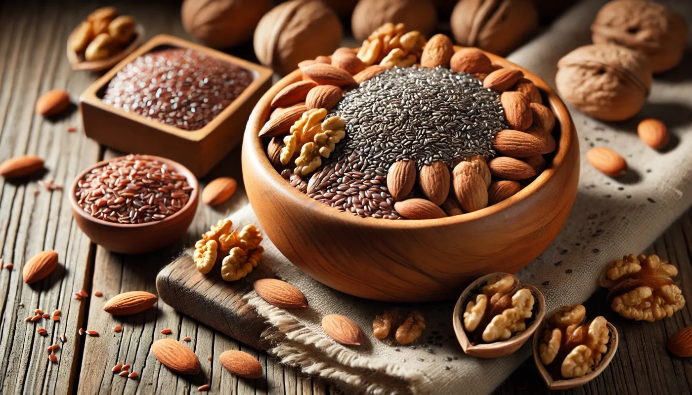 An assortment of nutrient-dense nuts and seeds, including almonds, walnuts, flaxseeds, and chia seeds, supporting a healthy endocrine system.