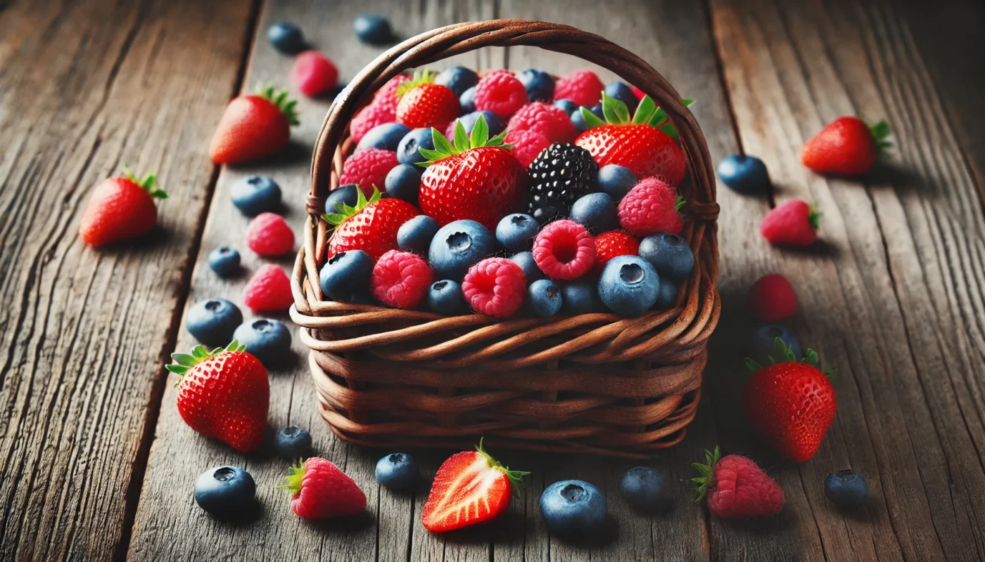 A basket of antioxidant-rich fresh berries, including strawberries, blueberries, and raspberries, promoting hormonal balance and overall health.