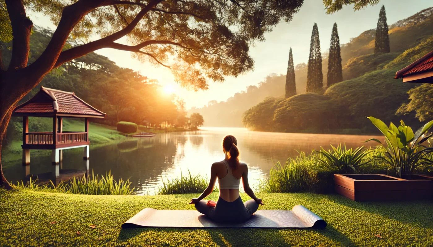 A serene outdoor yoga session at sunrise, featuring a woman practicing deep breathing exercises on a yoga mat by a calm lake, surrounded by lush greenery and soft sunlight. ALT text: "Morning yoga for anxiety relief by a tranquil lake at sunrise.