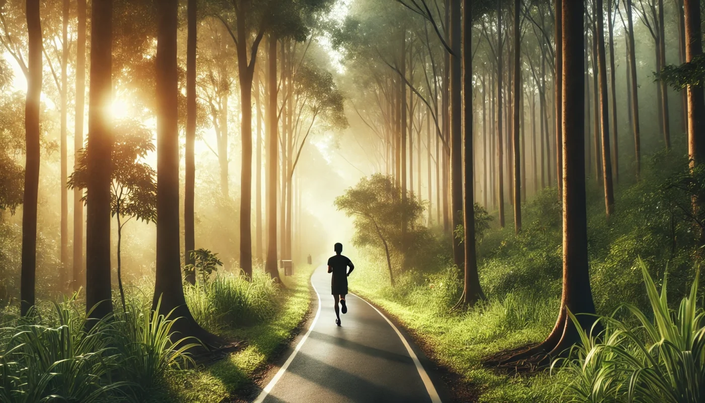 A peaceful forest trail with a man jogging in the morning mist, enveloped by tall trees and a soft golden glow, symbolizing stress relief and mental clarity through exercise. ALT text: "Man jogging in a misty forest for anxiety and stress relief.