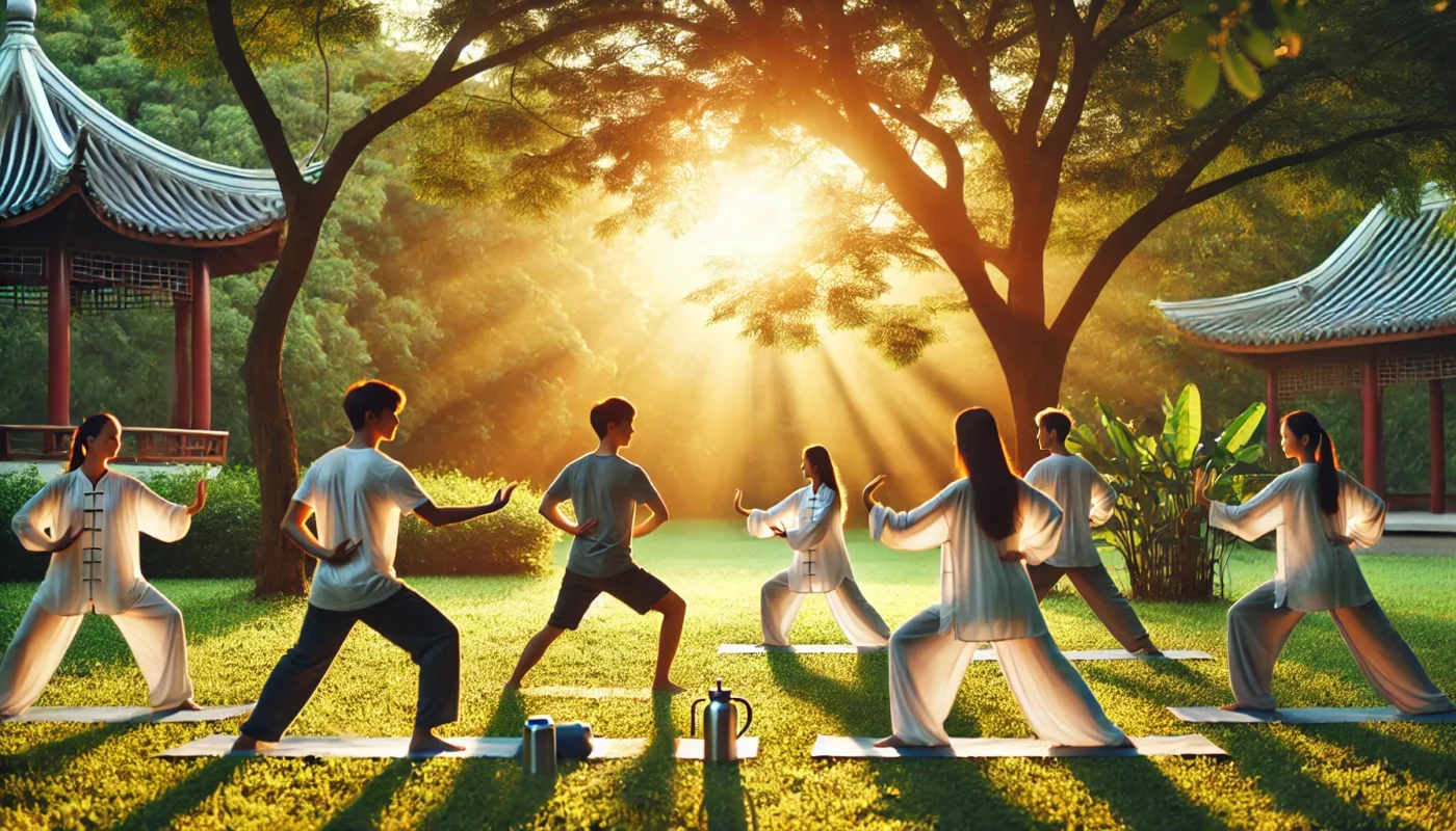 A group of friends practicing Tai Chi in a lush park during golden hour, captured in slow, flowing movements that emphasize mindfulness, harmony, and inner peace. ALT text: "Tai Chi in a park for mindfulness and anxiety reduction.