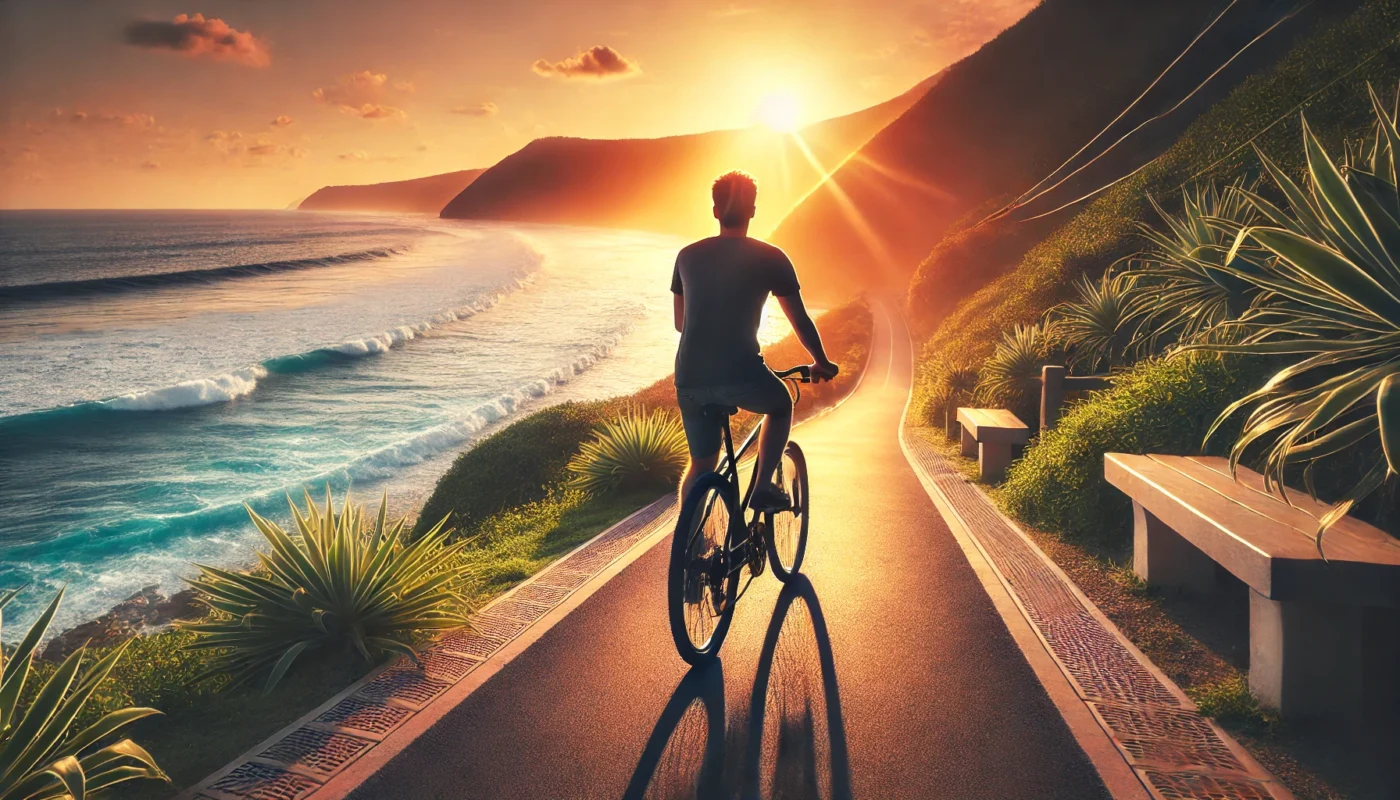 A person cycling along a scenic coastal path at sunset, with the ocean waves gently crashing nearby, conveying a sense of freedom, relaxation, and anxiety relief. ALT text: "Cycling by the ocean at sunset for relaxation and mental clarity.