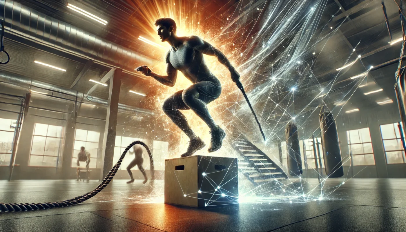 A high-intensity workout scene featuring an athlete performing box jumps in a modern gym. The image captures the energy and movement associated with hormonal workouts, emphasizing the stimulation of growth hormone through explosive exercise. The background features motion blur and dynamic lighting, enhancing the sense of action and intensity.