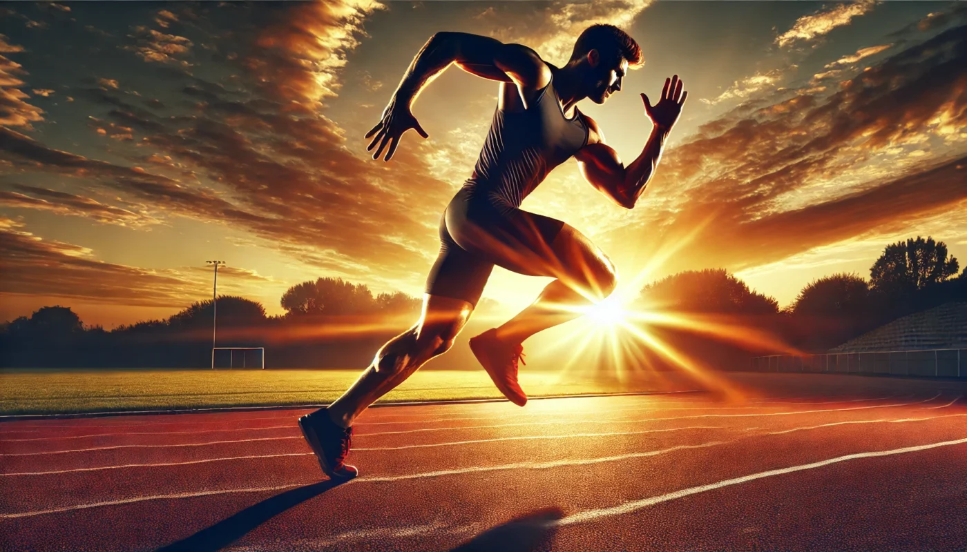 A high-energy scene of an athlete sprinting on an outdoor track at sunset, symbolizing the benefits of aerobic exercise on hormonal balance and insulin sensitivity. The runner’s muscles are visibly engaged, and the warm sunset glow enhances the intensity and power of the motion.