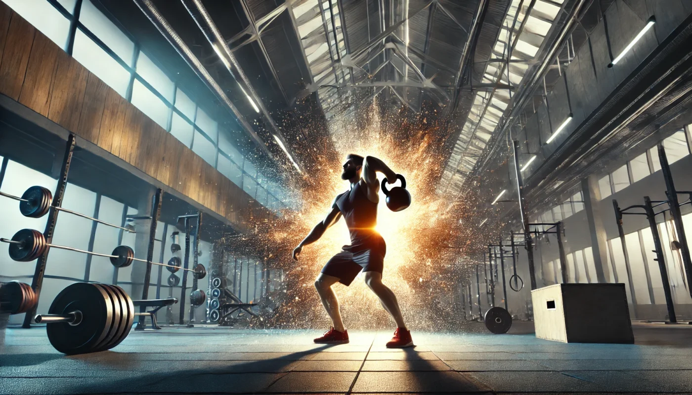 An athlete performing a kettlebell swing in a modern gym, highlighting the impact of explosive strength training on hormonal balance. The motion captures power and control, with dramatic lighting emphasizing muscle engagement. The gym setting, featuring weights and training equipment, reinforces the theme of functional fitness and strength development.