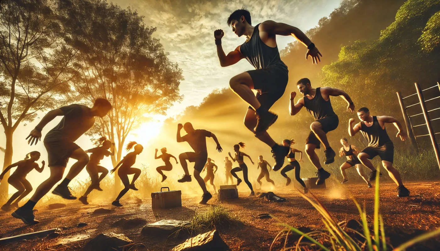 A high-energy image of a group participating in an outdoor fitness boot camp at sunrise, showcasing dynamic movements like jumping, running, and strength exercises in a motivational natural setting.