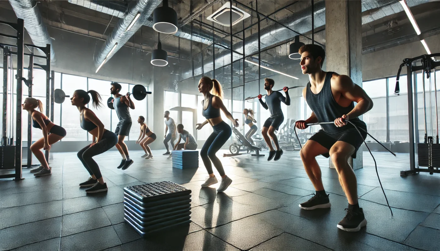 A high-energy gym workout scene with diverse individuals engaged in weightlifting, squats, and jumping rope. The modern gym features large windows, sleek equipment, and a motivating atmosphere.