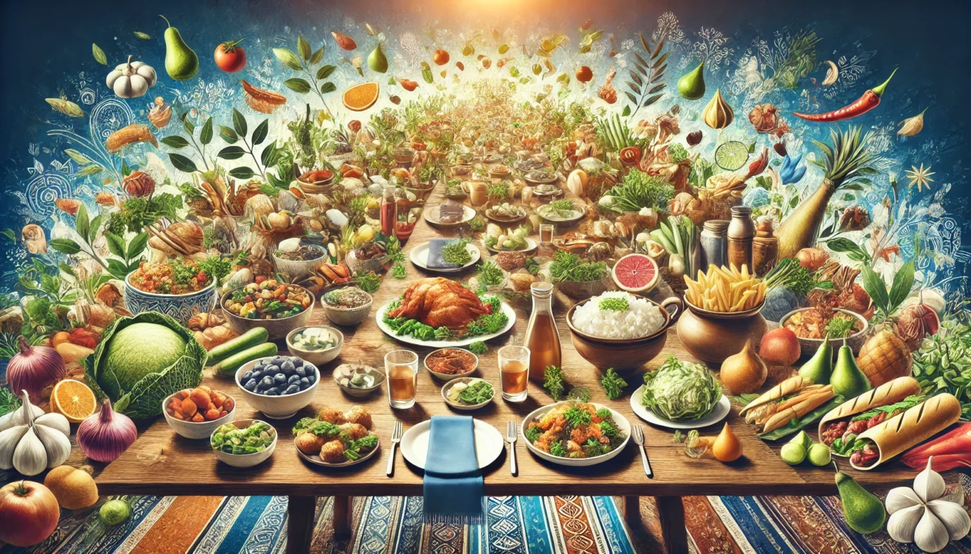 A beautifully composed digital illustration of a diverse feast, featuring global cuisines arranged on a large communal table with vibrant dishes and fresh ingredients, celebrating food and culture.