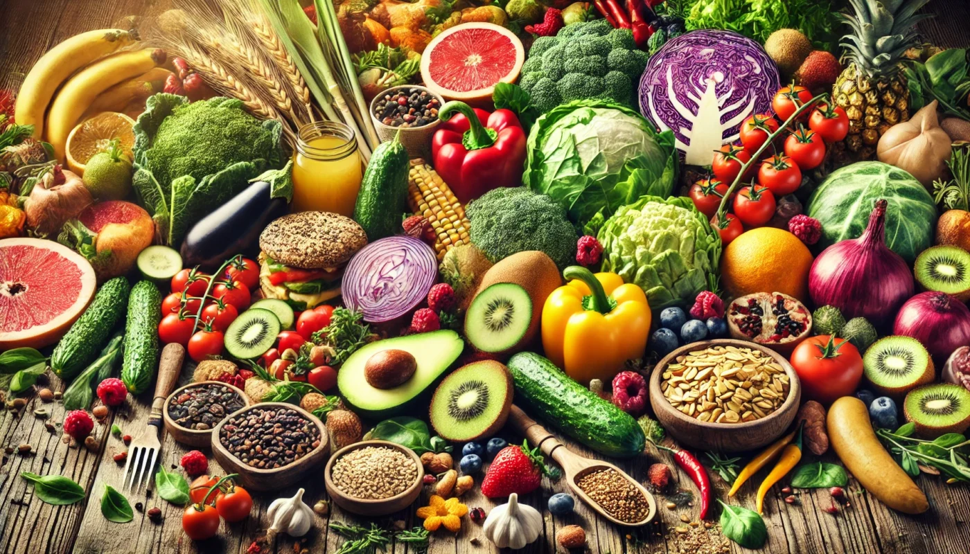 A visually rich digital illustration of fresh and colorful foods, featuring an assortment of fruits, vegetables, grains, and proteins arranged on a rustic wooden table, symbolizing a balanced and healthy diet.