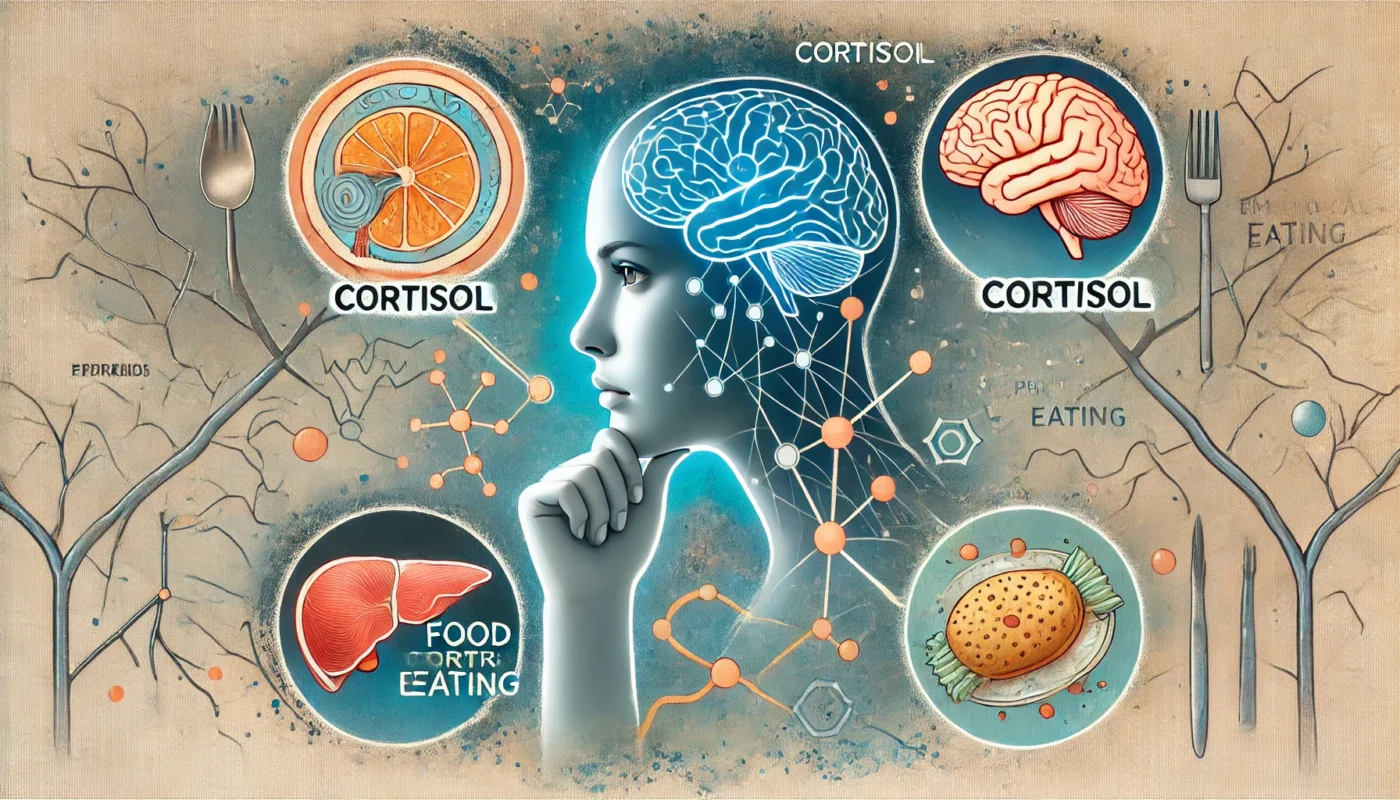 Scientific conceptual illustration of appetite being influenced by emotions and stress, showing a person with neural pathways and cortisol-related hunger triggers.