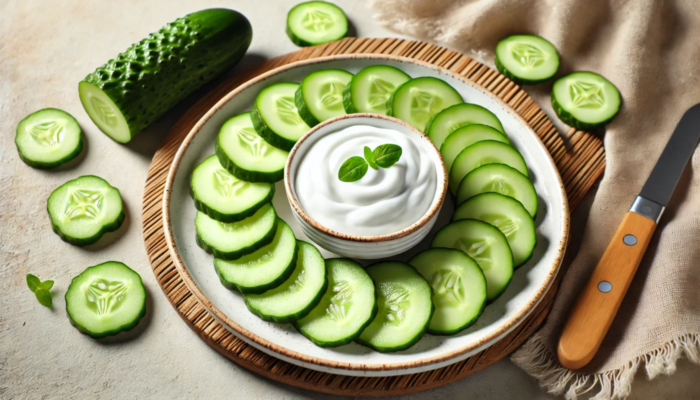 "Thinly sliced cucumbers arranged in a circle around a bowl of yogurt on a white plate, placed on a wooden surface, showcasing cooling and soothing ingredients for sunburned skin."